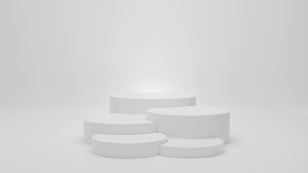 Five blank cylinder podiums on white grey background with reflections and shadows 3D rendering for products design items displayの写真素材