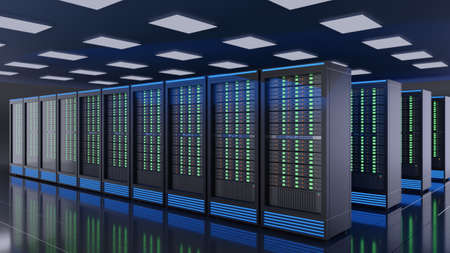 Row of server racks in computer network internet security server room data center. Blue theme color...