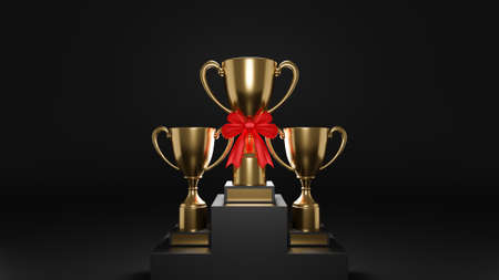 Three Golden Trophy with red ribbon bow placed on step stands on black background for the winner. 3D Illustration image.の写真素材