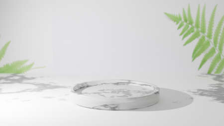 White Marble circle shape placed on a white floor with a green leaf background. Mock up for nature concept. 3D Illustration imageの写真素材