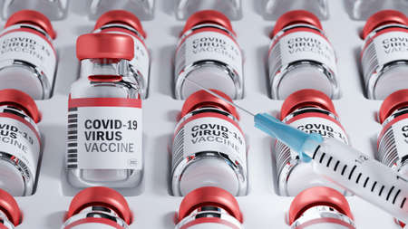 COVID-19 virus vaccine bottle on tray and  a syringe with a needle. 3D rendering image.の写真素材