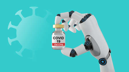 White robot hand holding vaccine virus bottle with blue color background