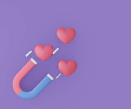 Magnet with Heart shape on purple background. 3D Rendering Illustrationの写真素材