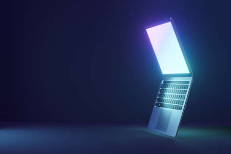 3d laptop computer with open display screen on blue dark background. 3D illustration rendering.の写真素材