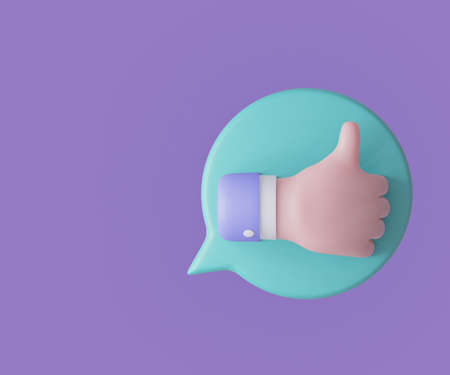 3D Cartoon thumb up with balloon shape on purple background. 3d rendering illustration