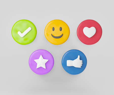 3d cartoon icon pastel color circle frame with check mark, smile, heart, star, thumb up sign. 3D illustration renderingの写真素材