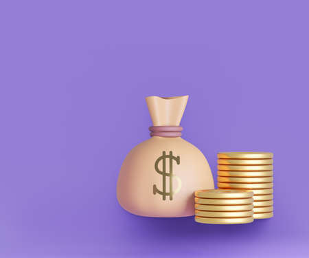 3d Cartoon dollar money bag with gold coins icon on purple background. 3d rendering illustration