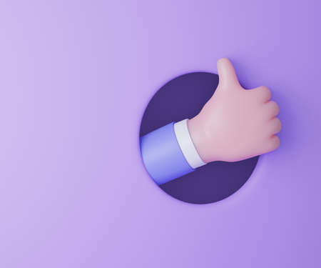 Cartoon business man hand thumb up from circle hold purple background. 3d render illustrationの写真素材