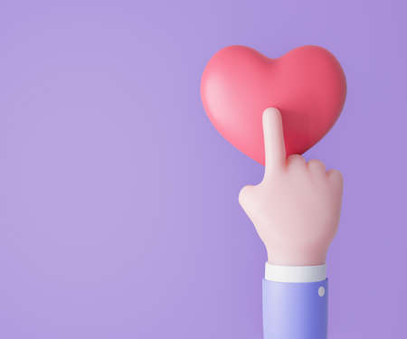 3D Cartoon hands touch on red heart on purple background. 3d Illustration Rendering.の写真素材