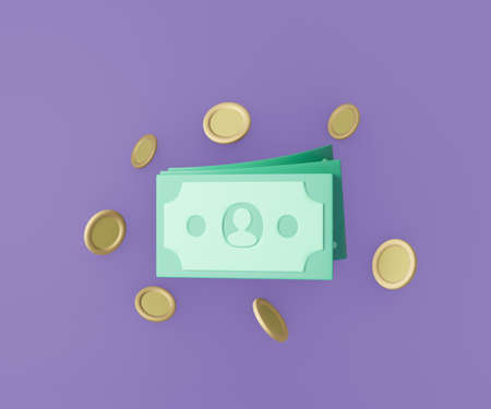 3d money banknote and coins on purple background. Cartoon style. 3D Rendering Illustration.の写真素材