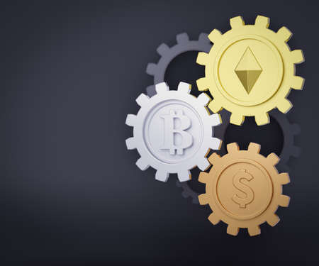 3d three gold silver bronze medal gear with coin ethereum bitcoin and dollar sign on dark...