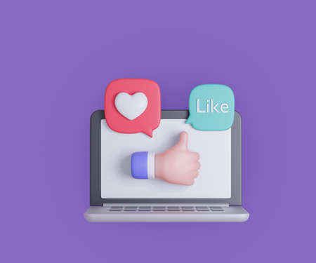 3d Cartoon laptop computer with hand thumb up and heart like bubble on purple background. 3d rendering illustrationの写真素材