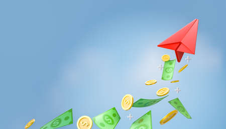 3d red white paper plane with dollar money banknote coins  on blue sky background. 3D illustration...