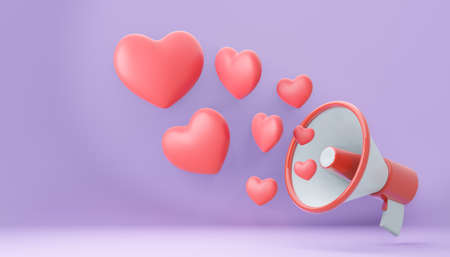 Cartoon Megaphone with red heart on purple. 3d render illustration