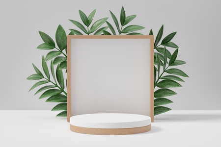 Cosmetic display product stand, Wood cylinder and square wall with green leaf background. 3D...