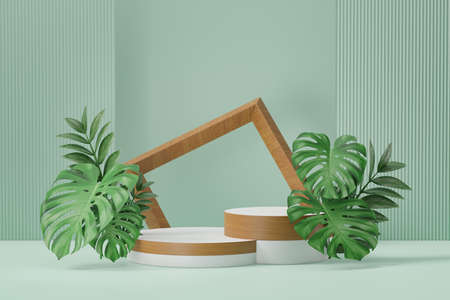 Cosmetic display product stand, Two wood white cylinder podium with wood frame and green plant leaf...