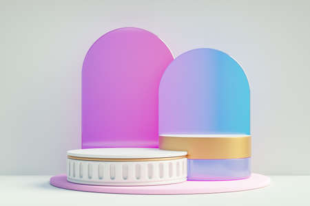 Cosmetic display product stand, Two Roman white cylinder podium with purple color arch glass on...