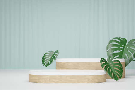 Cosmetic display product stand, White wood round long podium with green leaf background. 3D rendering illustrationの写真素材