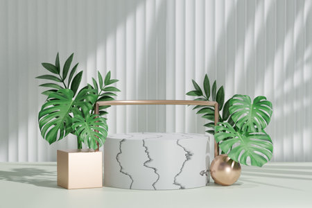 Cosmetic display product stand, Marble white cylinder podium with gold frame and green plant leaf on white background. 3D rendering illustrationの写真素材