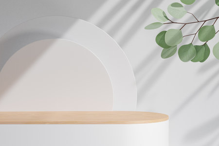 Cosmetic display product stand, wood cylinder podium on white block and green leaf plant on white background. 3D rendering illustrationの写真素材