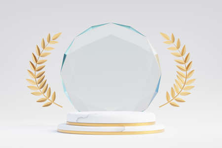Cosmetic display product stand, White Gold marble podium with diamond glass wall and gold olive leave on light background. 3D rendering illustrationの写真素材