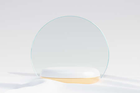 Cosmetic display product stand, White gold round cylinder podium with circle matte glass wall and...