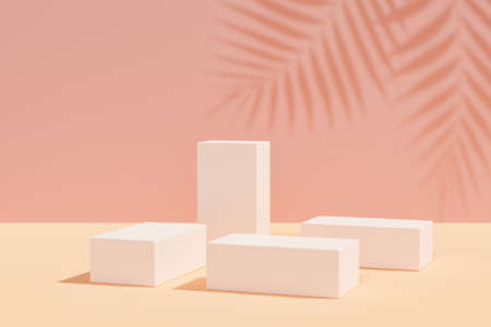 Cosmetic display product stand. Blocks podium on yellow pink background with palm leaf shadow. 3D rendering illustrationの写真素材