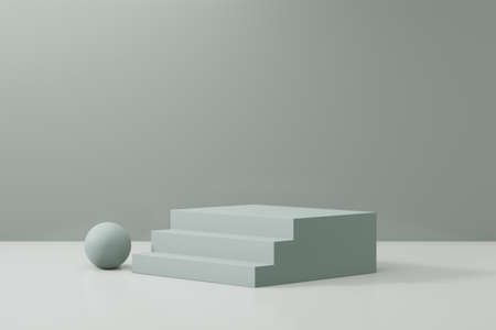 Cosmetic display product stand. Green stair block with a sphere on a green background. 3D rendering...