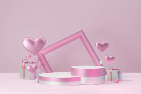 Cosmetic display product stand, Two pink white cylinder block podium with frame heart and gift box...