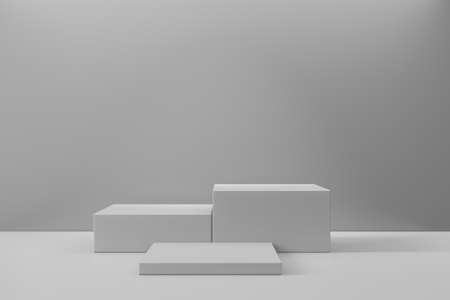 Cosmetic display product stand. Three gray blocks white background. 3D rendering illustrationの写真素材