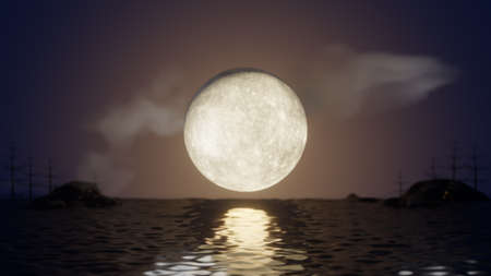 Halloween graphic background. Big full moon on sky with reflection sea and cloud and tree. 3d illustration renderingの写真素材