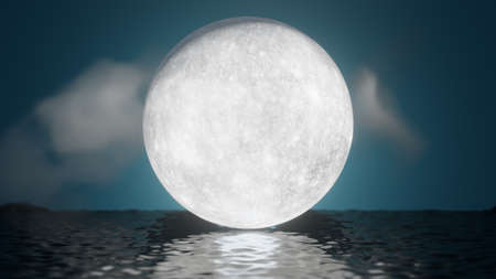 Halloween graphic background. Big full moon on blue sky with reflection sea and cloud. 3d...
