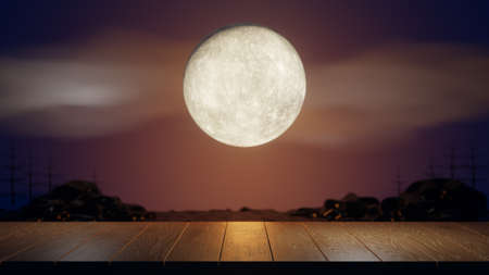 Halloween graphic background. Big full moon on orange sky with Wood board top table and cloud and tree. Orange Blue theme. 3d illustration renderingの写真素材