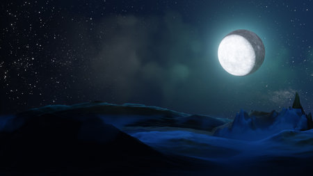 Halloween graphic background. Big full moon on sky with cloud on ground floor. Blue Theme color. 3D illustration renderingの写真素材