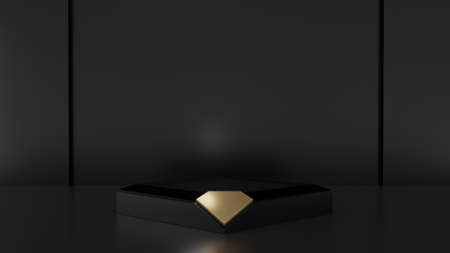 3d rendered illustration with geometric shapes with diamond gold sign. black steps cube podium platforms for cosmetic product presentation. Abstract composition in modern style. mock up minimal design with empty spaceの写真素材