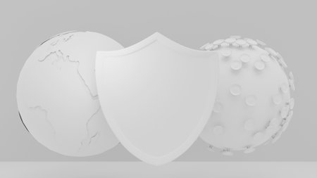 3d rendered illustration white shield with globe map and virus for Presentation Abstract composition in modern style.の写真素材