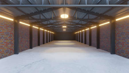 Old warehouse background with orange brick wall and a concrete floor in perspective view. 3D...