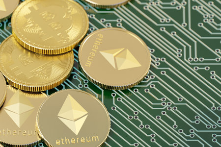 Top view closeup of ethereum and bitcoin stack of golden coins on Printed Circuit Boards background....