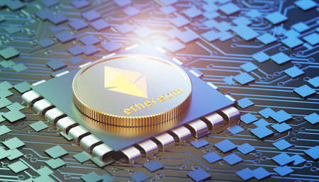 ethereum gold coin with chip on dark printed circuit board background. 3D Illustration Rendering.