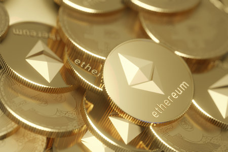 Top view closeup of ethereum and bitcoin stack of golden coins background. 3D Illustration Rendering.の写真素材
