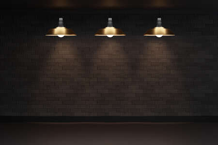 Blank loft style dark room with black brick wall and black floor and retro lamp. 3D Illustration...