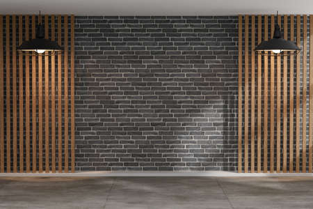 Blank loft style retro room with brick wall and concrete floor and wood retro lamp. 3D Illustration...