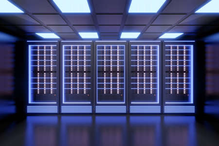 Hosting server computer row with blue light in the black color theme. 3D illusration rendering.の写真素材