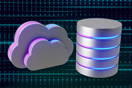 Silver icon cloud symbol and cylinder with glow light pink blue. 3D Illustration rendering.
