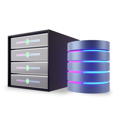 Design Hosting server rack container with database icon cylinder light glow pink blue color. 3D...