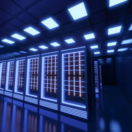Hosting server computer room with blue light in the black color theme. 3D illusration rendering.