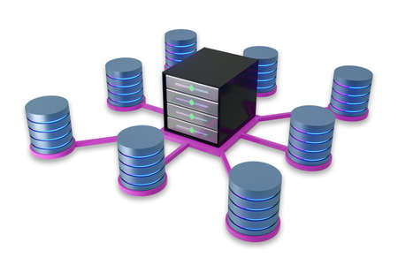 Design Hosting server rack container center around with database icon cylinder light glow pink blue...