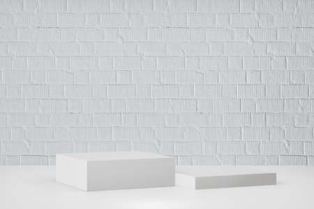 Display product stand, Two white blocks podium on white paint bricks background. 3D rendering illustrationの写真素材