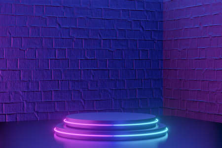 Digital product background. Two Black round cylinder podium with led light place on dark blue pink bricks background. 3D illustration rendering.の写真素材