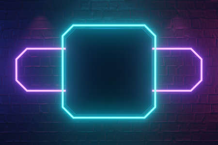 Digital product background. Blank rectangle frame lighting on dark red bricks with blue pink light reflection background. 3D illustration rendering.の写真素材